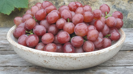 Vibrant and fresh red grapes beautifully arranged in a rustic bowl, showcasing their natural shine and rich color. Perfect for healthy snacking or desserts.の素材