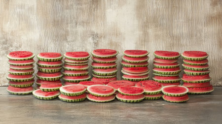 A visually appealing arrangement of fresh watermelon slices stacked in a creative pattern, perfect for summer-themed food photography and healthy eating inspiration.の素材