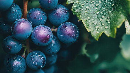 Fresh juicy grapes covered in raindrops are nestled among vibrant green leaves. This close-up captures the essence of nature's bounty and healthy living.の素材