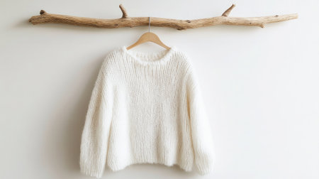A soft white sweater elegantly displayed on a wooden hanger, highlighting its cozy texture. Perfect for showcasing minimalist fashion in home decor.の素材