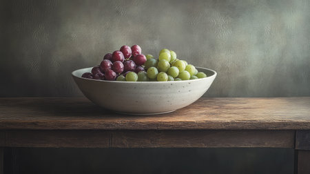 A beautiful still life featuring fresh green and red grapes in a ceramic bowl resting on a rustic wooden table. The subtle background enhances the natural colors, perfect for food-related themes.の素材