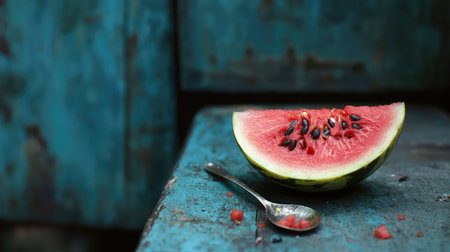 A vibrant watermelon slice rests on a rustic teal surface, showcasing its juicy red flesh and black seeds. Perfect for summer refreshment and healthy eating.の素材