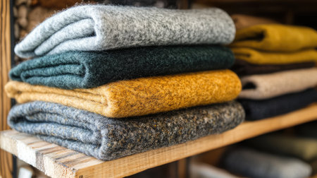 A visually appealing arrangement of various wool blankets stacked on a wooden shelf, showcasing warmth and comfort for any cozy home.の素材