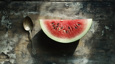 A vibrant slice of fresh watermelon rests beside a vintage spoon on a rustic wooden table, capturing summer's essence and promoting healthy snacking.の素材