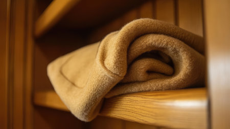 A soft beige towel neatly folded on a wooden shelf creates a sense of comfort and relaxation. Ideal for spa and home decor themes, it highlights simplicity and warmth.の素材