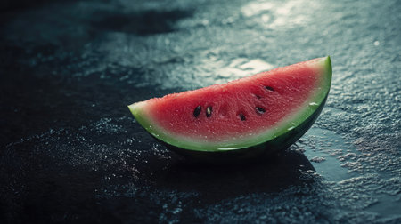 A vibrant slice of fresh watermelon rests on a dark surface, showcasing its juicy red interior and smooth green rind. Perfect for summer-themed projects.の素材