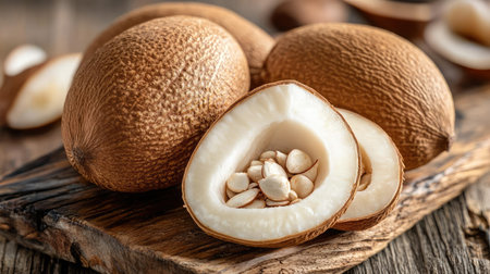 Fresh slice of sweet sapote showcases its creamy interior and seeds, resting on a rustic wooden table. Ideal for tropical fruit dishes and recipes.の素材