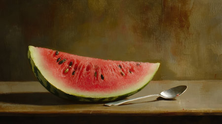 A vibrant watermelon slice rests on a wooden table beside a spoon, showcasing the rich colors and textures of this refreshing summer fruit. Perfect for food photography.の素材