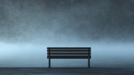 A tranquil view of an empty bench by a misty water body, enveloped in serene fog. Perfect for conveying peace, solitude, and natural beauty.の素材