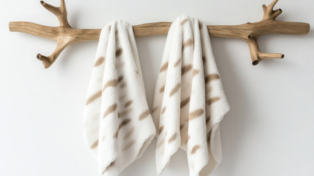 Two plush towels hang gracefully on a rustic wooden rack, adding a touch of elegance and comfort to any interior space. Perfect for stylish decor.の素材