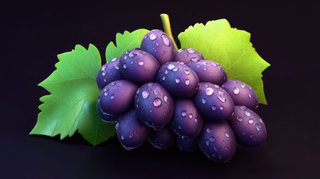 A stunning close-up of fresh grapes resting on vibrant green leaves. Water droplets add a touch of freshness, highlighting their juicy allure. Perfect for culinary or health-related themes.の素材