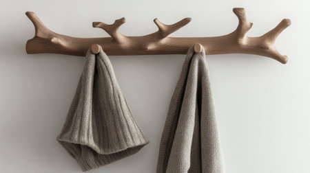 A stylish wooden wall hook designed like a branch, holding two soft towels. This minimalist accessory enhances any modern interior, blending functionality with aesthetic appeal.の素材