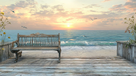 A tranquil beachfront view featuring a rustic bench overlooking the ocean waves at sunset. Enjoy the serene atmosphere and breathtaking landscape.の素材