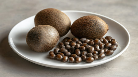 A close-up image featuring natural brown seeds and fruits displayed on a white plate, highlighting their textures and organic qualities for food lovers.の素材