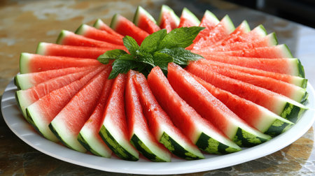 A beautifully arranged platter of sliced watermelon garnished with fresh mint leaves, perfect for summer gatherings and healthy snacks.の素材
