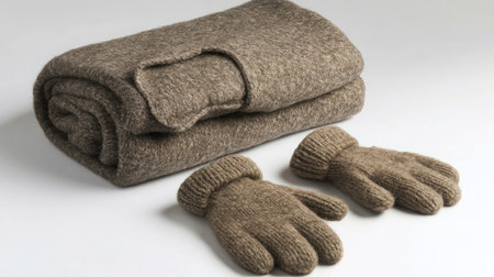 This image features a cozy wool blanket folded neatly alongside a pair of matching gloves, perfect for warmth during chilly winter days and nights.の素材