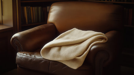 A cozy armchair draped with a soft blanket in a warm indoor setting. Ideal for portraying comfort, relaxation, and inviting home decor.の素材