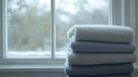 A tranquil scene featuring neatly stacked towels in soft hues beside a window, evoking a sense of comfort and warmth during the winter season.の素材