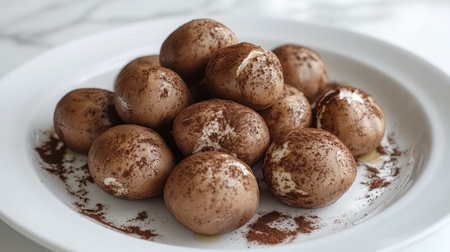 A delightful presentation of chocolate covered eggs dusted with cocoa powder. Perfect for a dessert display or festive occasion, these treats appeal to all.の素材