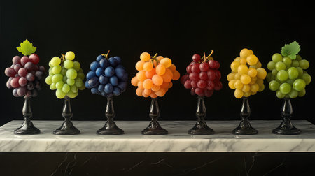 A vibrant arrangement of assorted grapes on elegant stands against a dark background. Perfect for showcasing fresh, healthy fruit in culinary designs.の素材