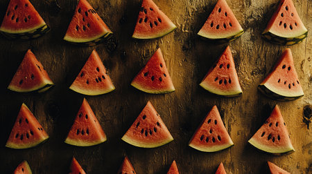 Freshly cut watermelon slices arranged beautifully on a rustic wooden surface. This vibrant and colorful display evokes a sense of summer and healthy eating. Perfect for food-related projects.の素材