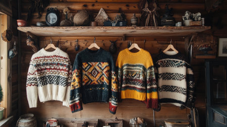 A collection of cozy sweaters displayed in a rustic wooden interior, showcasing warm textures and colorful patterns perfect for winter fashion.の素材