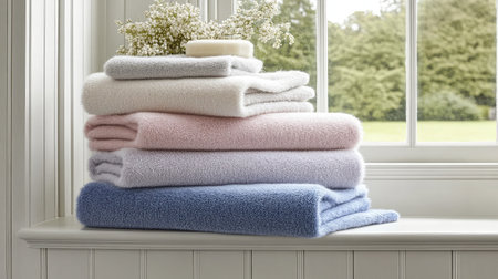 A serene arrangement of soft pastel towels stacked on a windowsill, bathed in natural light, enhancing the cozy ambiance of any bathroom or home decor.の素材