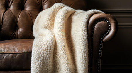 A warm and inviting scene featuring a cozy blanket draped over a stylish leather sofa, creating a comfortable atmosphere perfect for relaxation and home decor.の素材