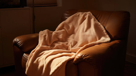 A cozy armchair draped with a soft blanket, inviting relaxation. The warm ambiance and gentle light create a perfect space for unwinding at home.の素材