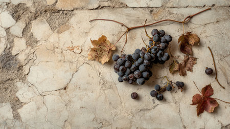 A beautiful arrangement of fresh grapes alongside dried autumn leaves on a rustic surface, ideal for food photography and seasonal themes.の素材