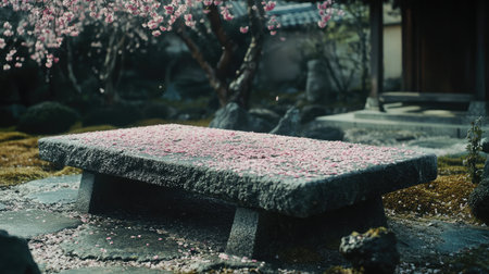 A peaceful stone table rests in a tranquil garden, adorned with cherry blossom petals, creating a serene atmosphere for relaxation and meditation.の素材