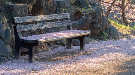 A tranquil park bench rests on a path covered with pink cherry blossom petals, inviting moments of relaxation amid nature's beauty in spring.の素材