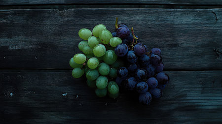 A captivating arrangement of fresh green and purple grapes on a rustic wooden surface. Perfect for food-related themes, recipes, or healthy lifestyle contexts.の素材