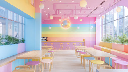 A vibrant cafe interior featuring pastel colors, modern furniture, and playful decor. The design evokes a cheerful and inviting atmosphere perfect for relaxation and socializing.の素材
