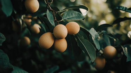 Close-up of fresh oranges hanging on a lush green tree branch, showcasing natural textures and vibrant colors in a serene outdoor setting.の素材