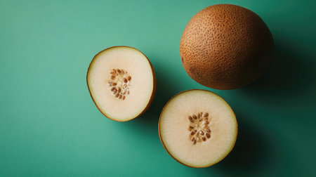 A fresh melon sits alongside its sliced pieces, showcasing vibrant colors with a textured outer skin. Perfect for summer recipes and healthy living.の素材