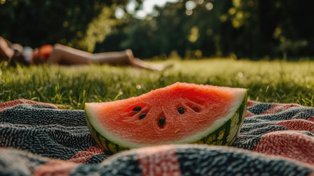 A vibrant slice of fresh watermelon rests on a cozy blanket in a sunlit grassy field, capturing the essence of summer leisure and outdoor enjoyment.の素材