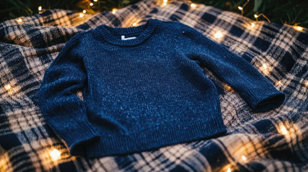 A cozy knit sweater lies on a plaid blanket surrounded by soft lights. Perfect for winter fashion, this image captures warmth and comfort during the festive season.の素材