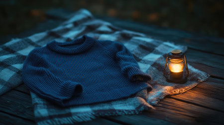 A cozy sweater placed on a soft blanket beside a glowing lantern creates a warm and inviting atmosphere, perfect for a tranquil night scene.の素材