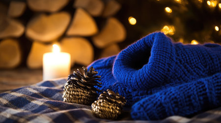 A cozy winter scene featuring a blue knitted sweater, pinecones, and a flickering candle against a rustic wooden backdrop, perfect for seasonal warmth.の素材