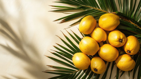 A vibrant arrangement of yellow fruits on a palm leaf background, capturing the essence of tropical freshness and natural beauty for culinary or decorative use.の素材