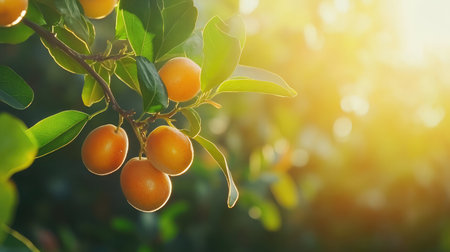 A close-up view of ripe oranges hanging on a tree branch, illuminated by warm sunlight. This vibrant scene captures the essence of nature and fresh produce.の素材
