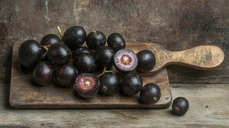 A beautiful arrangement of fresh black grapes on a rustic wooden board, showcasing their vibrant color and texture. Perfect for culinary or lifestyle imagery.の素材