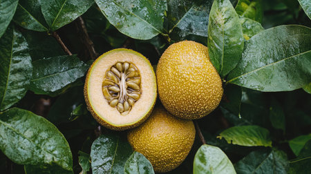Close-up of fresh green fruit on tree branches with rich green leaves. This vibrant image captures the essence of organic growth and healthy living.の素材