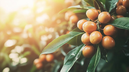 Vibrant orange fruits hang from lush green branches, bathed in soft sunlight. A beautiful display of nature, perfect for illustrating healthy eating.の素材