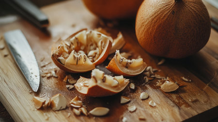 A close-up of freshly sliced fruit on a wooden cutting board, showcasing the textures and colors. Ideal for healthy eating and culinary themes.の素材