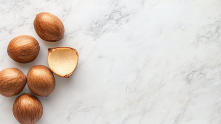 A collection of raw nuts arranged on a smooth marble surface, highlighting one opened shell. Ideal for food-related themes including health and nutrition.の素材