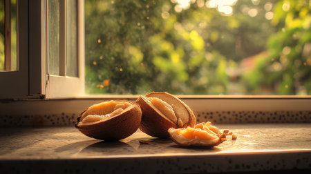 A serene glimpse of fresh fruit resting on a sunny windowsill, capturing the essence of simplicity and natural beauty in a kitchen setting.の素材