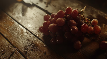 A close-up of fresh grapes glistening with water droplets on a wooden surface, showcasing their vibrant color and natural beauty in a rustic setting.の素材