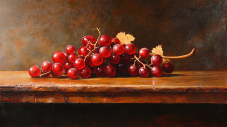 A beautiful still life painting featuring red grapes on a rustic wooden table, highlighting the freshness and natural beauty of the fruit in a warm, inviting scene.の素材